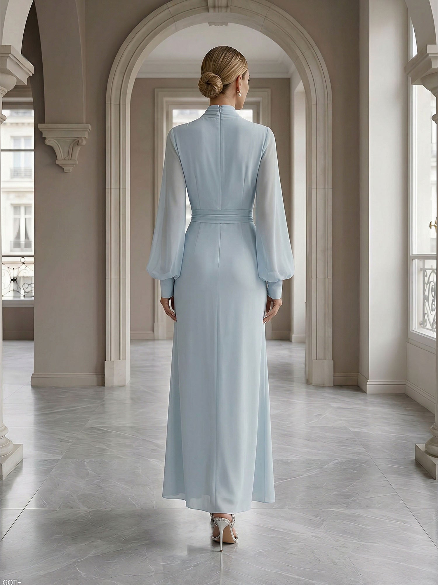 Ice Blue High-Neck Bishop Sleeve Gown Foraml Evening Dress