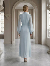 Ice Blue High-Neck Bishop Sleeve Gown Foraml Evening Dress