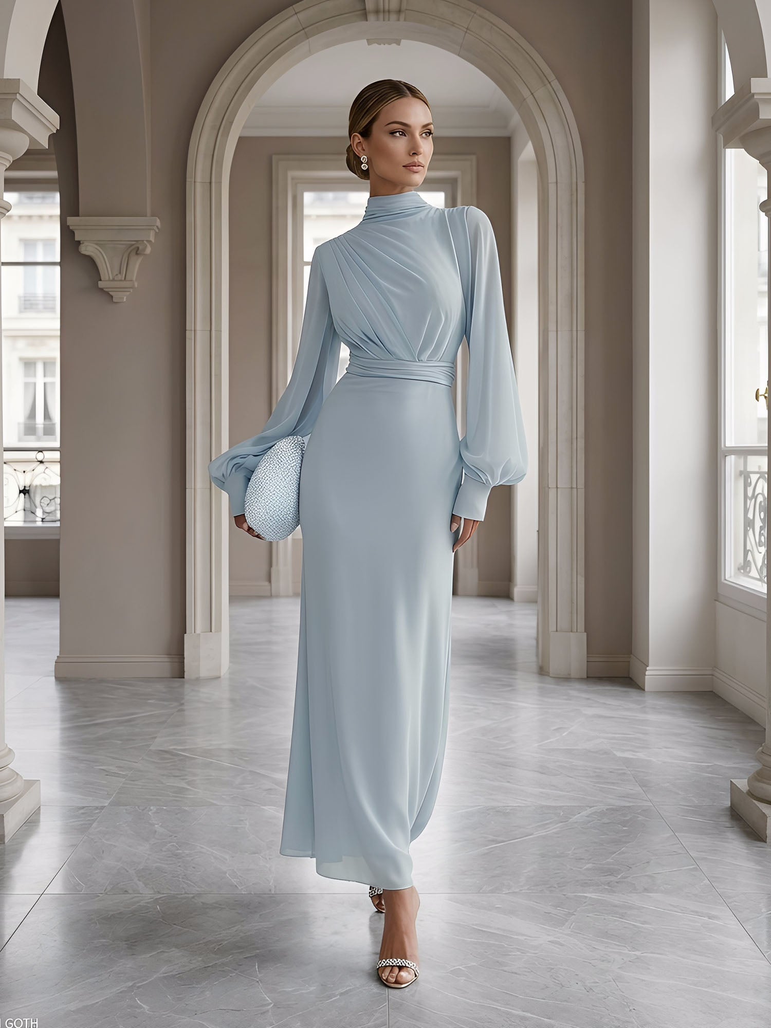 Ice Blue High-Neck Bishop Sleeve Gown Foraml Evening Dress