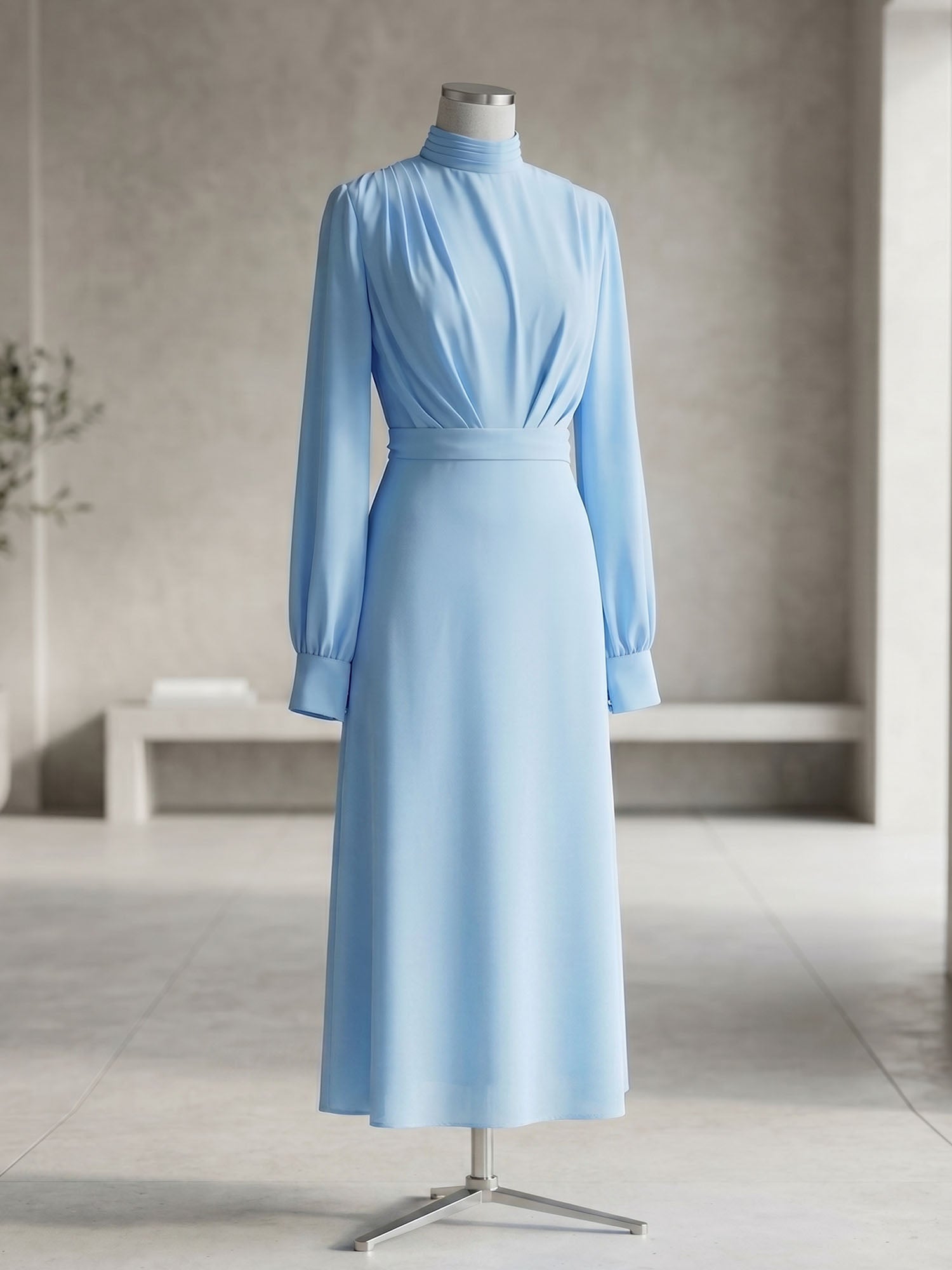 Ice Blue High-Neck Bishop Sleeve Gown Foraml Evening Dress