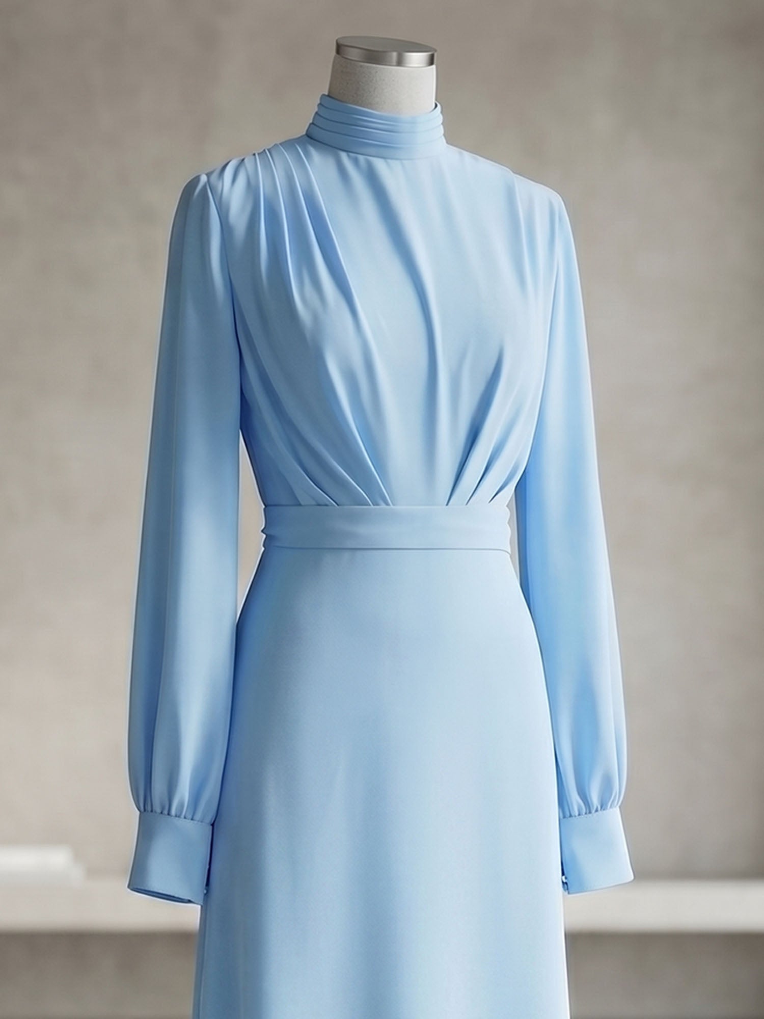 Ice Blue High-Neck Bishop Sleeve Gown Foraml Evening Dress