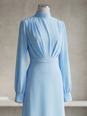 Ice Blue High-Neck Bishop Sleeve Gown Foraml Evening Dress