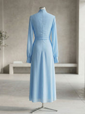Ice Blue High-Neck Bishop Sleeve Gown Foraml Evening Dress