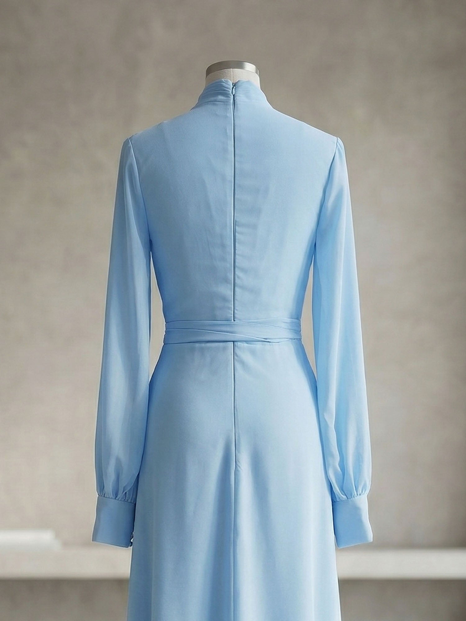 Ice Blue High-Neck Bishop Sleeve Gown Foraml Evening Dress