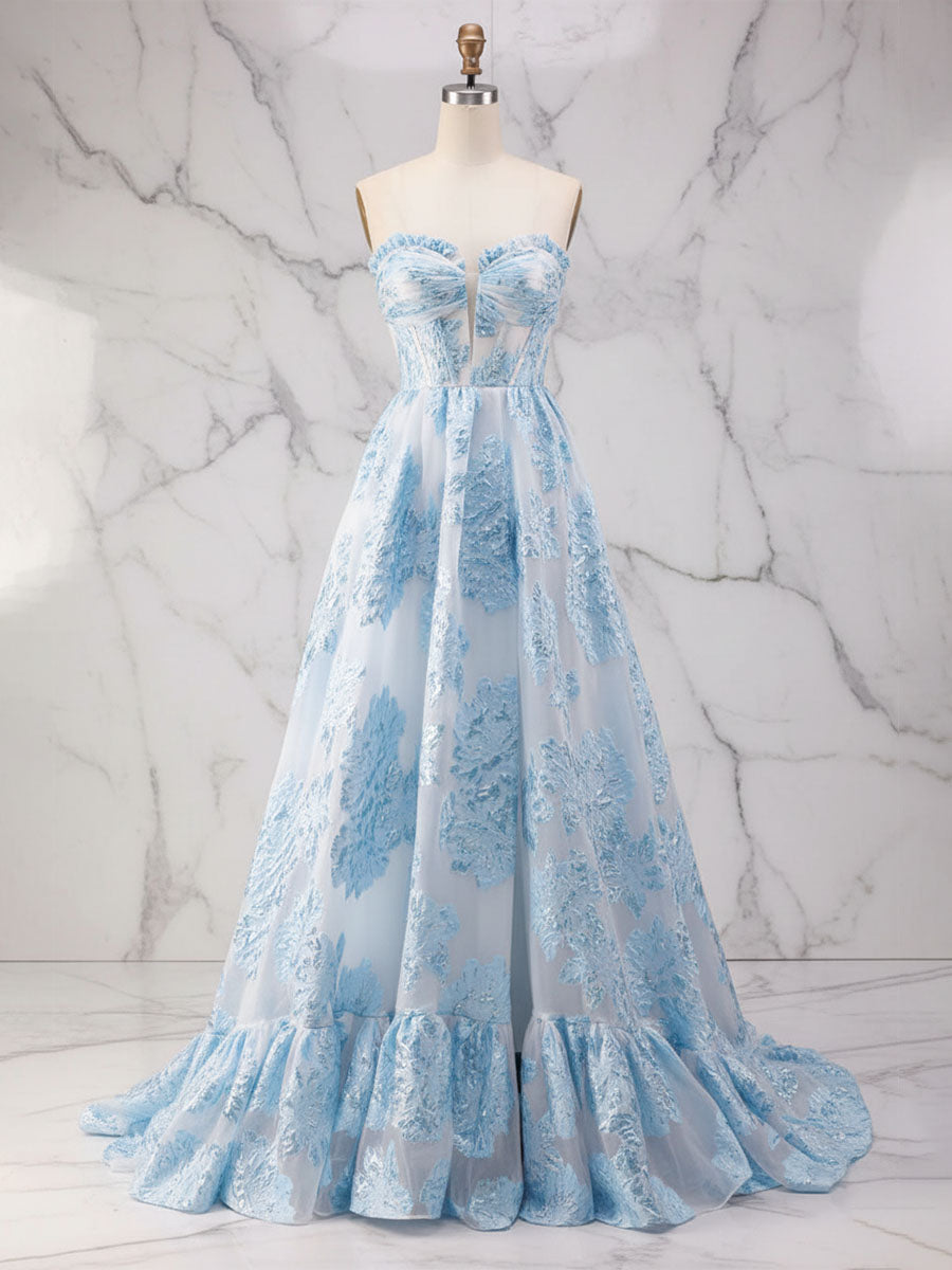 Dreamylily Prom Dress Ice Blue A-Line Strapless Textured Corset Ball
