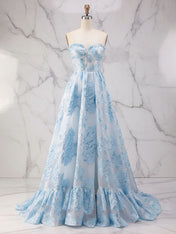 Ice Blue A-Line Strapless Textured Corset Prom Dress