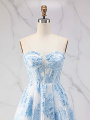 Ice Blue Strapless Textured Corset A-Line Prom Dress