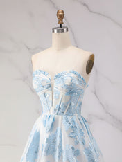 Blue Strapless Textured Corset A-Line Prom Dress