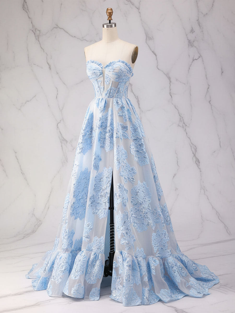 Ice Blue Strapless Textured Corset A-Line Prom Dress