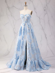Blue Strapless Textured Corset A-Line Prom Dress