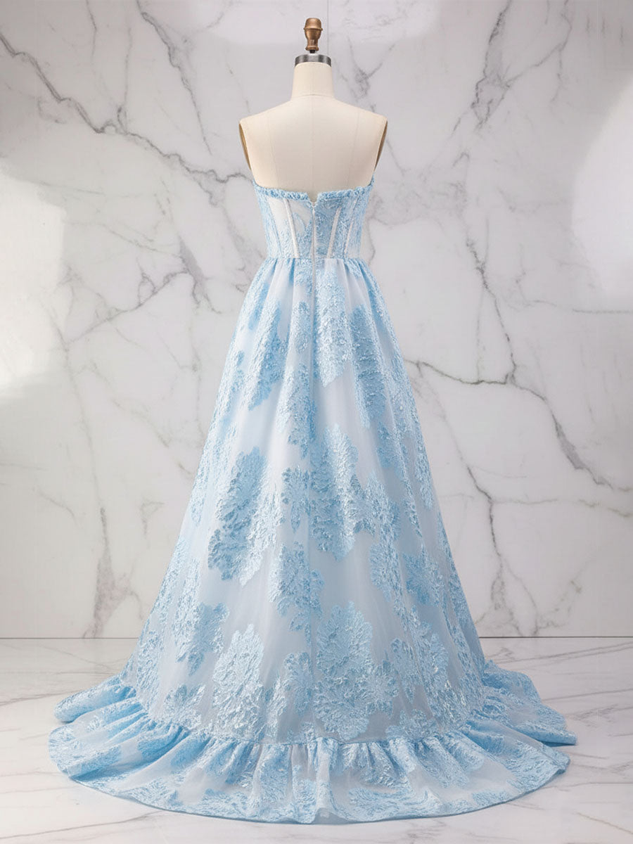 Ice Blue Strapless Textured Corset A-Line Prom Dress