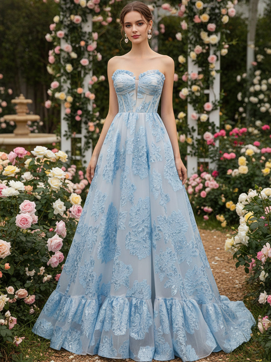 Dreamylily Prom Dress Ice Blue A-Line Strapless Textured Corset Ball