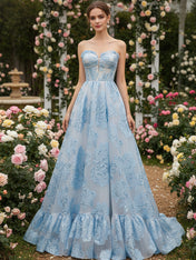 Ice Blue A-Line Strapless Textured Corset Prom Dress