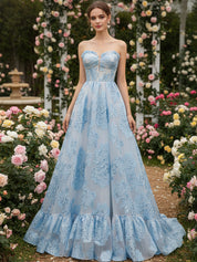 Ice Blue Strapless Textured Corset A-Line Prom Dress