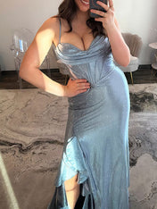 Icy Blue Cowl Neck Sequin Corset Prom Dress with Ruffled Slit