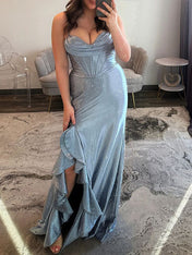 Icy Blue Cowl Neck Sequin Corset Prom Dress with Ruffled Slit