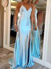 Icy Blue Satin Long Prom Dress with Lace Appliqué