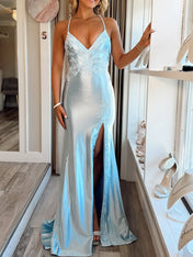 Icy Blue Satin Long Prom Dress with Lace Appliqué