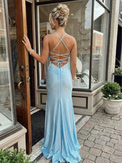 Icy Blue Satin Long Prom Dress with Lace Appliqué