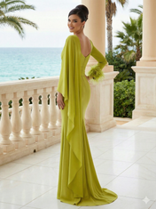 Evening Dress Long Sleeves V Neck Ruffle Maxi Dress with Feather