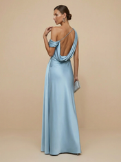 Light Blue One Shoulder A Line Satin Pleat Maxi Dress with Slit