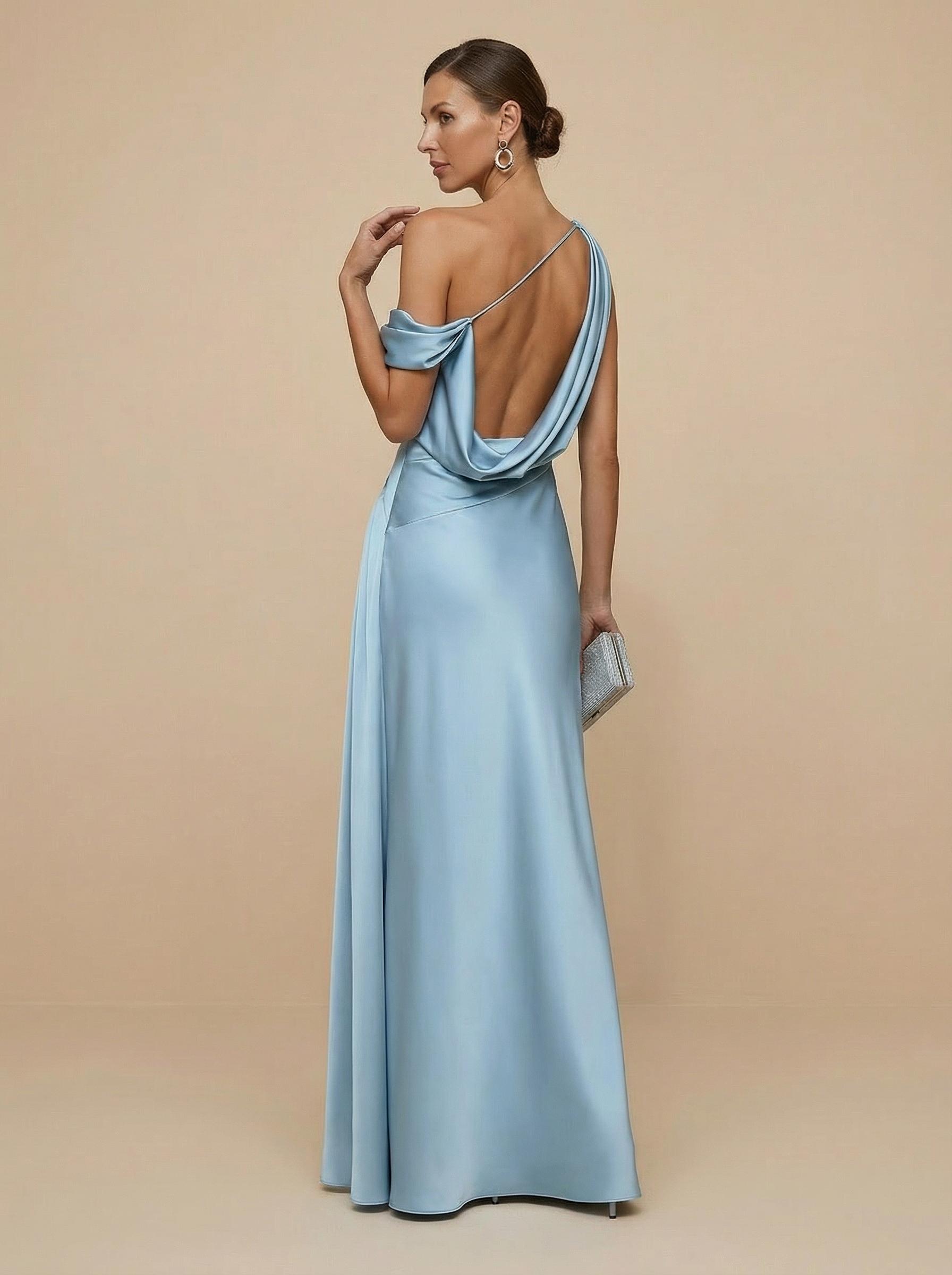 Light Blue One Shoulder A Line Satin Pleat Maxi Dress with Slit