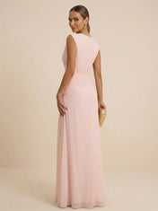 Pink Regular Straps V Neck Chiffon Pleat Mermaid Maxi Dress