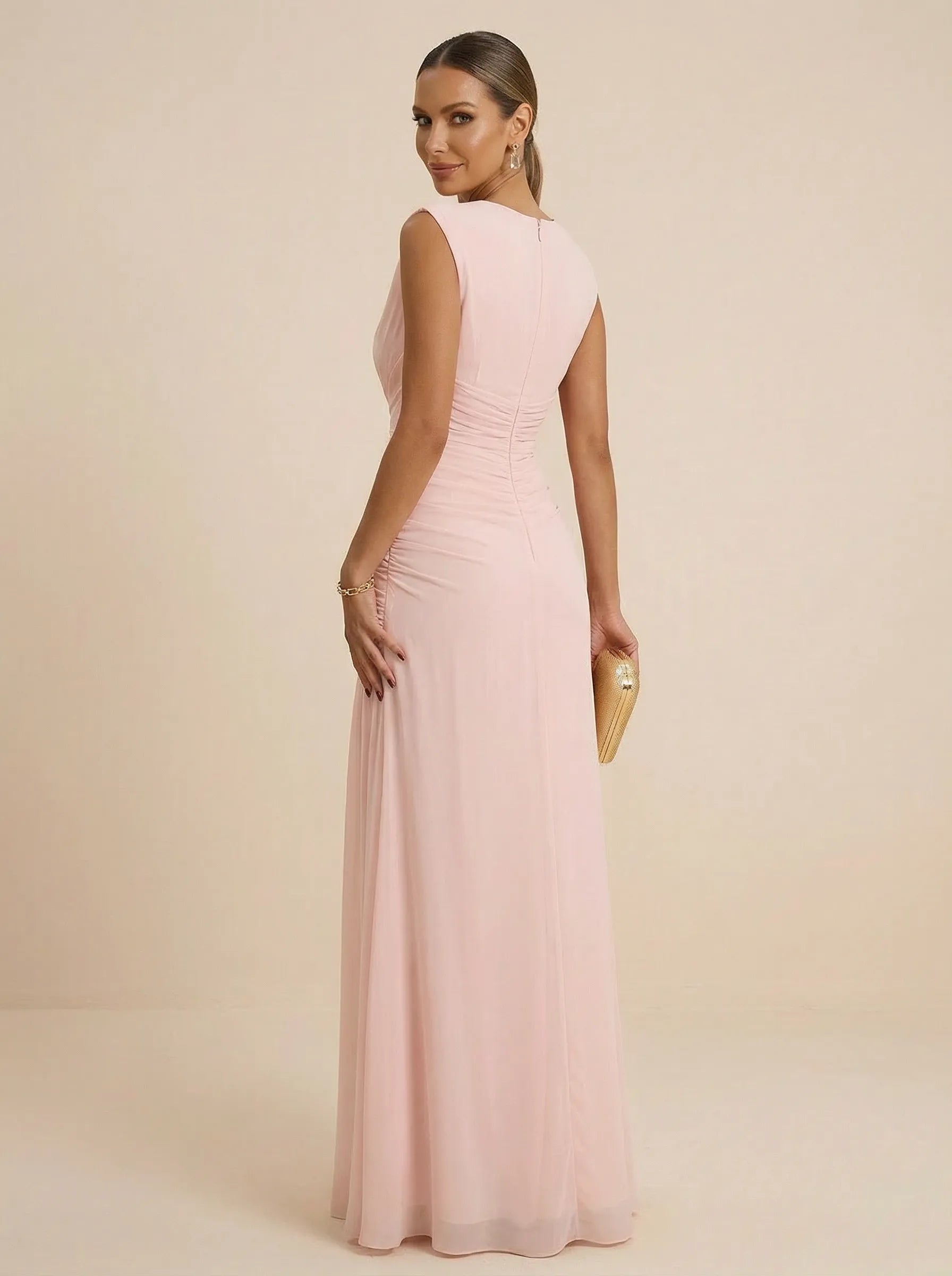 Pink Regular Straps V Neck Chiffon Pleat Mermaid Maxi Dress
