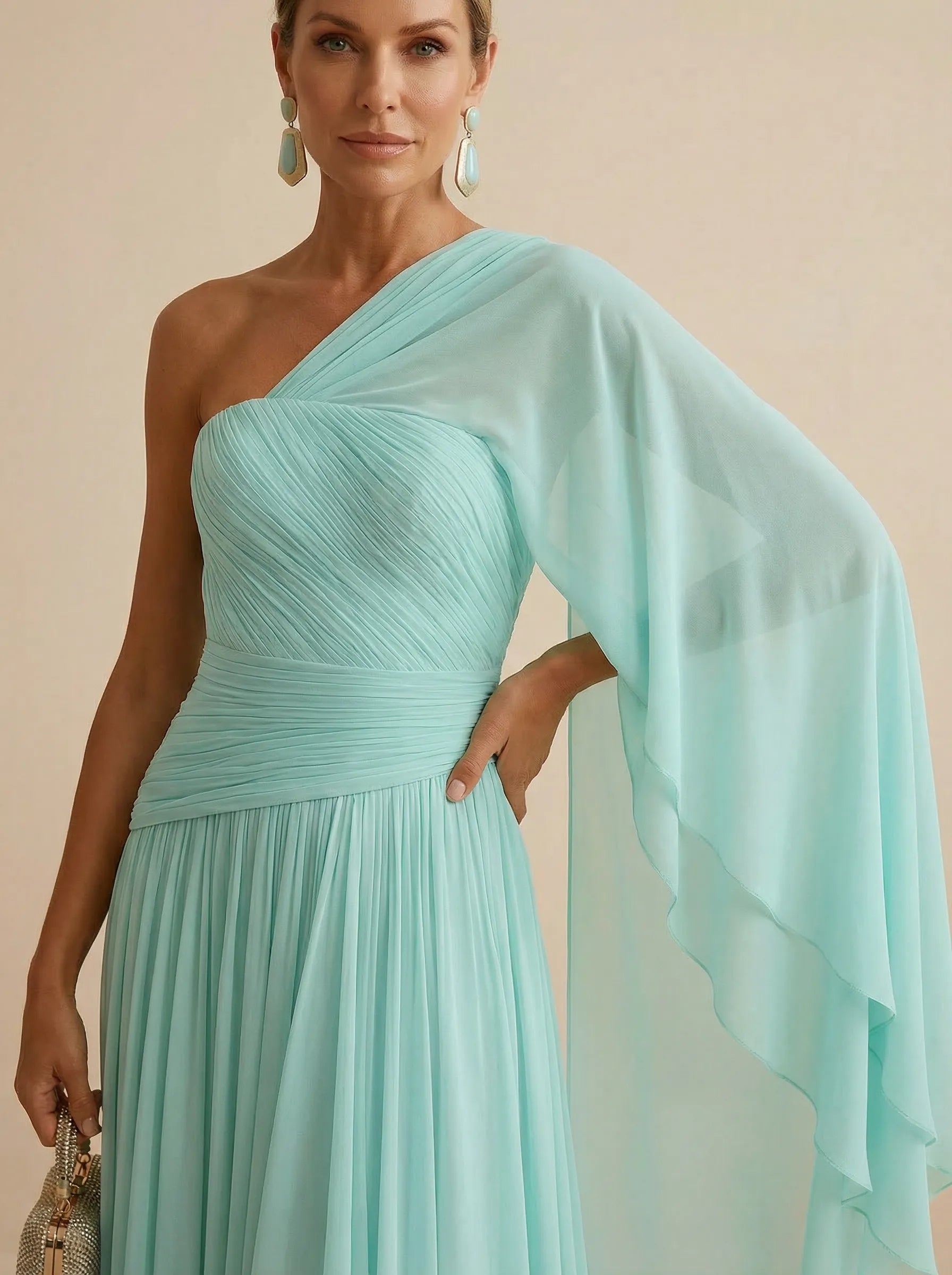 Mint Green One Shoulder Chiffon Pleat A Line Maxi Dress with Cape