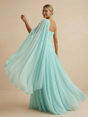 Mint Green One Shoulder Chiffon Pleat A Line Maxi Dress with Cape