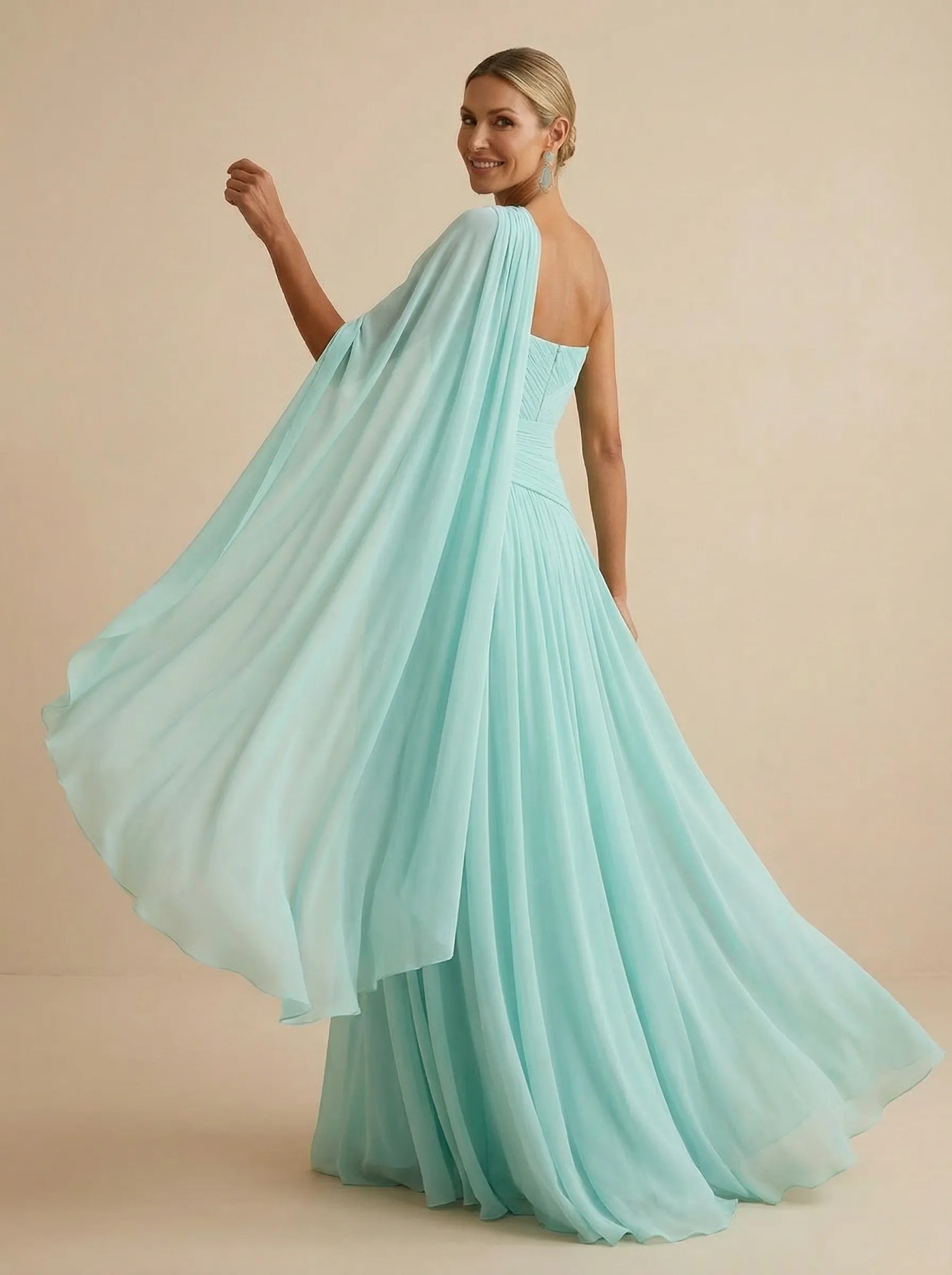 Mint Green One Shoulder Chiffon Pleat A Line Maxi Dress with Cape