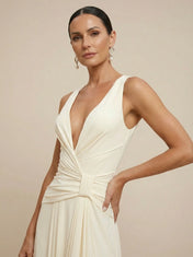 Ivory Deep V Neck Chiffon Pleat A Line Maxi Dress with Slit