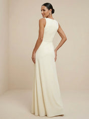 Ivory Deep V Neck Chiffon Pleat A Line Maxi Dress with Slit