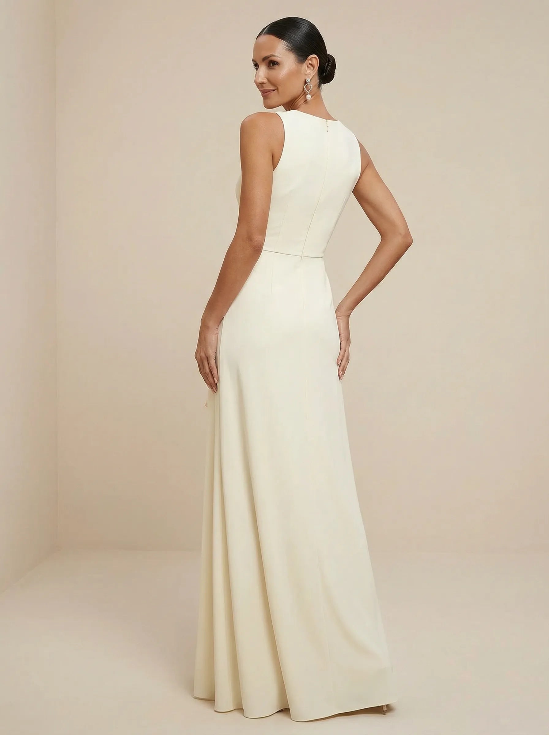Ivory Deep V Neck Chiffon Pleat A Line Maxi Dress with Slit