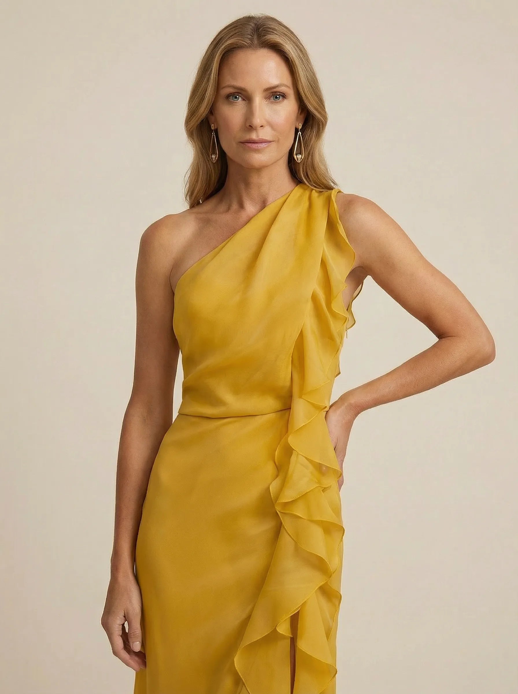 Gold One Shoulder Chiffon Mermaid Maxi Dress with Ruffle