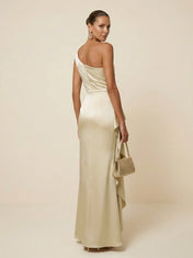 Light Champagne One Shoulder Satin Mermaid Maxi Dress with Ruffle