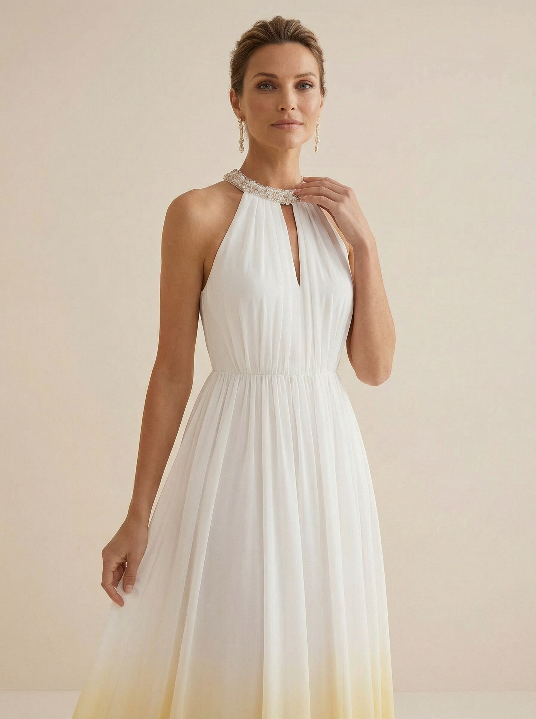 White to Yellow Ombre Halter Chiffon Maxi Dress