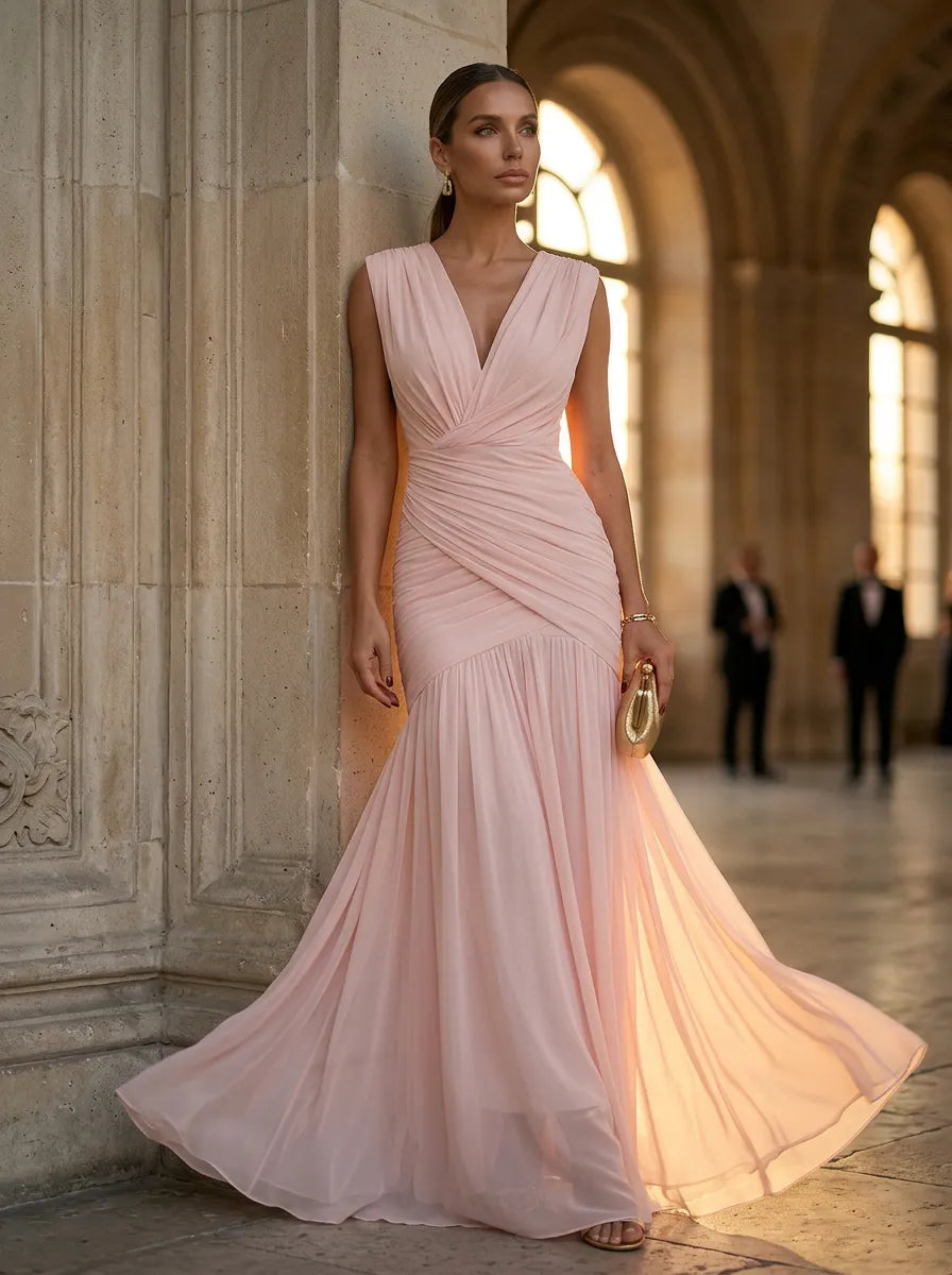 Pink Regular Straps V Neck Chiffon Pleat Mermaid Maxi Dress