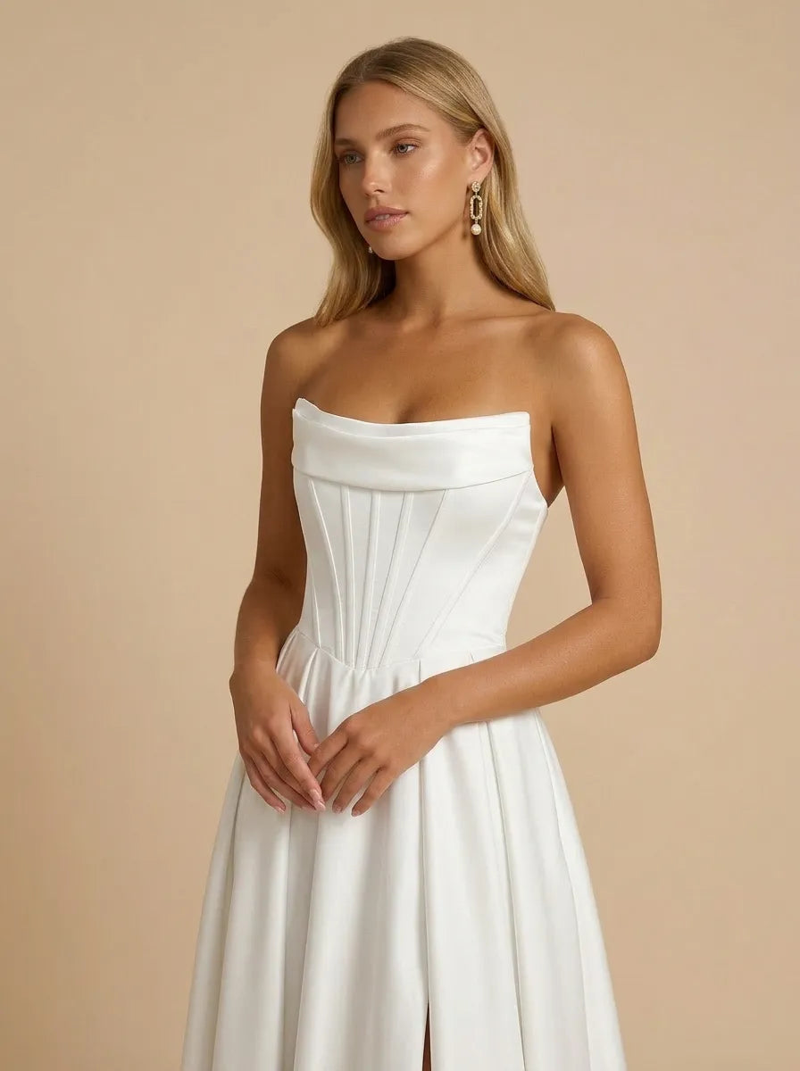 White Strapless Satin Corset Pleated A-Line Wedding Dress with Slit