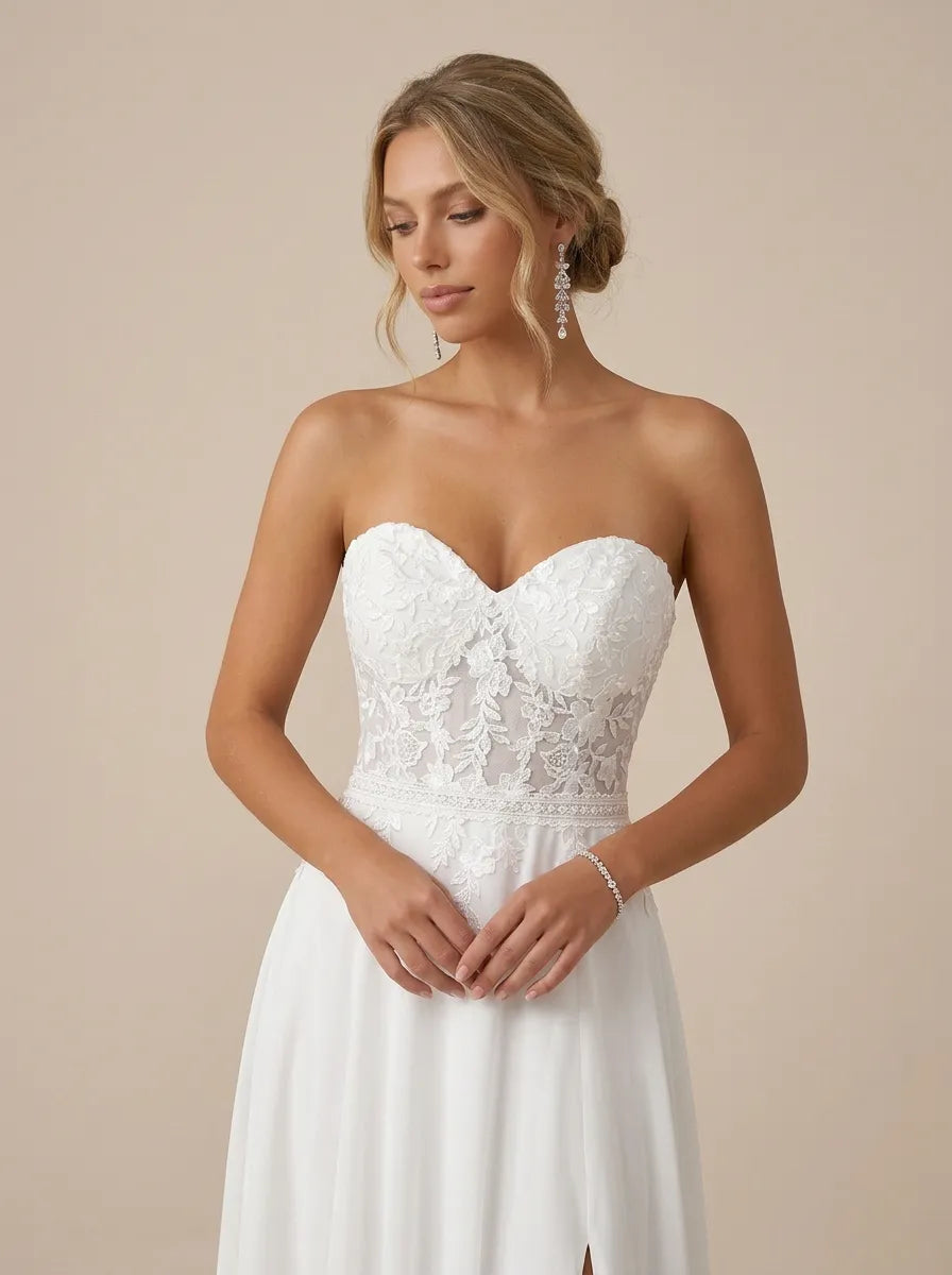 White Halter Neck Lace Wedding Dress with High Slit