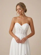 White Halter Neck Lace Wedding Dress with High Slit