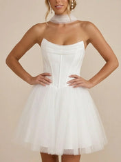 White Strapless Tulle Scarf Mini Wedding Dress with Corset