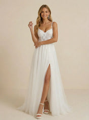 White Spaghetti Strap Lace Tulle A-Line Bridal Gown with Slit