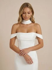 White Off the Shoulder Satin Wedding Dress with High Slit