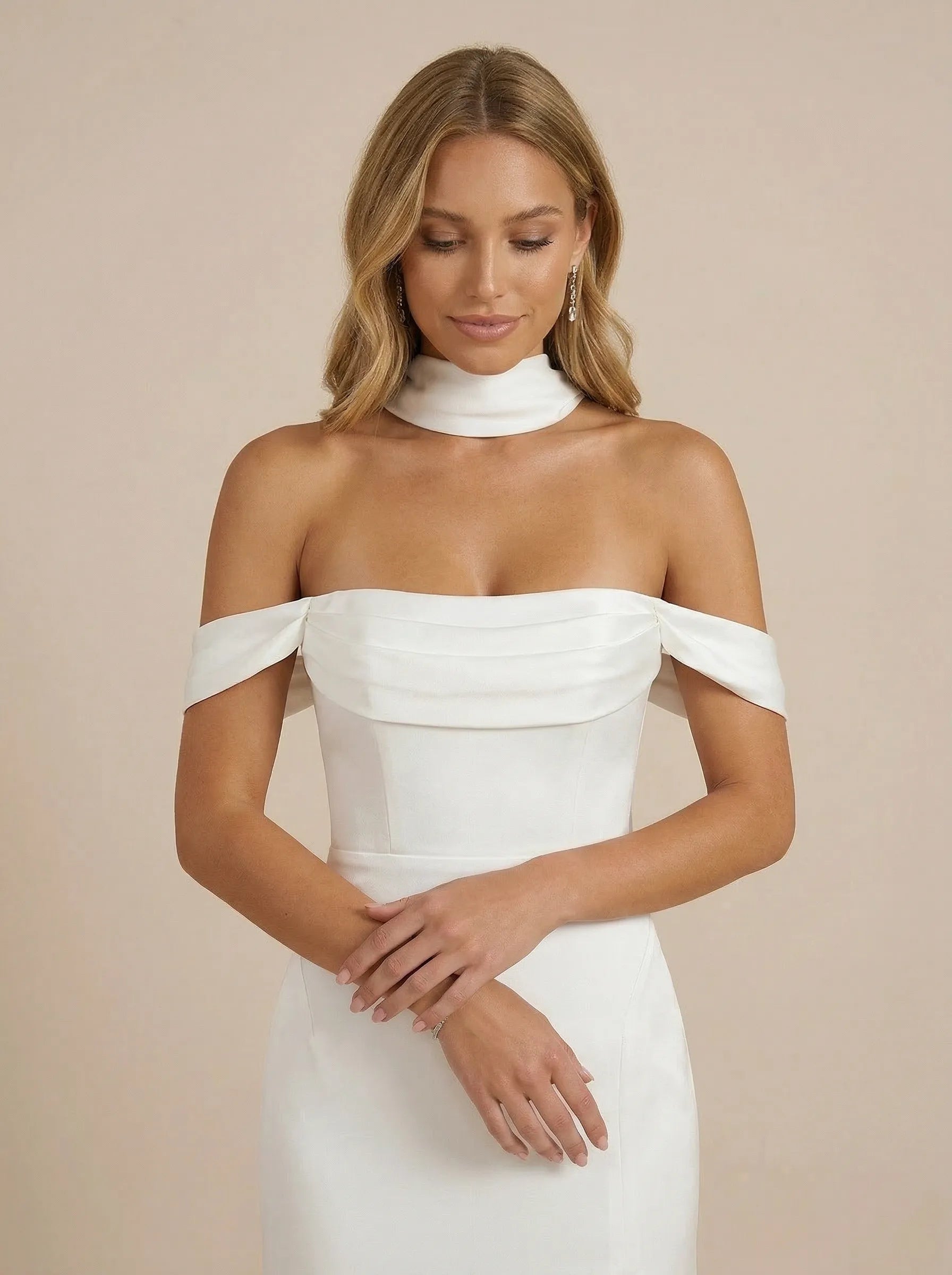 White Off the Shoulder Satin Wedding Dress with High Slit