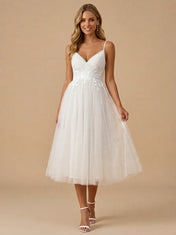 White Spaghetti Strap Tulle Mini Wedding Dress with Lace Appliques
