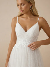 White Spaghetti Strap Tulle Mini Wedding Dress with Lace Appliques