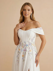 Off the Shoulder Floral Embroidered Corset Wedding Dress with High Slit