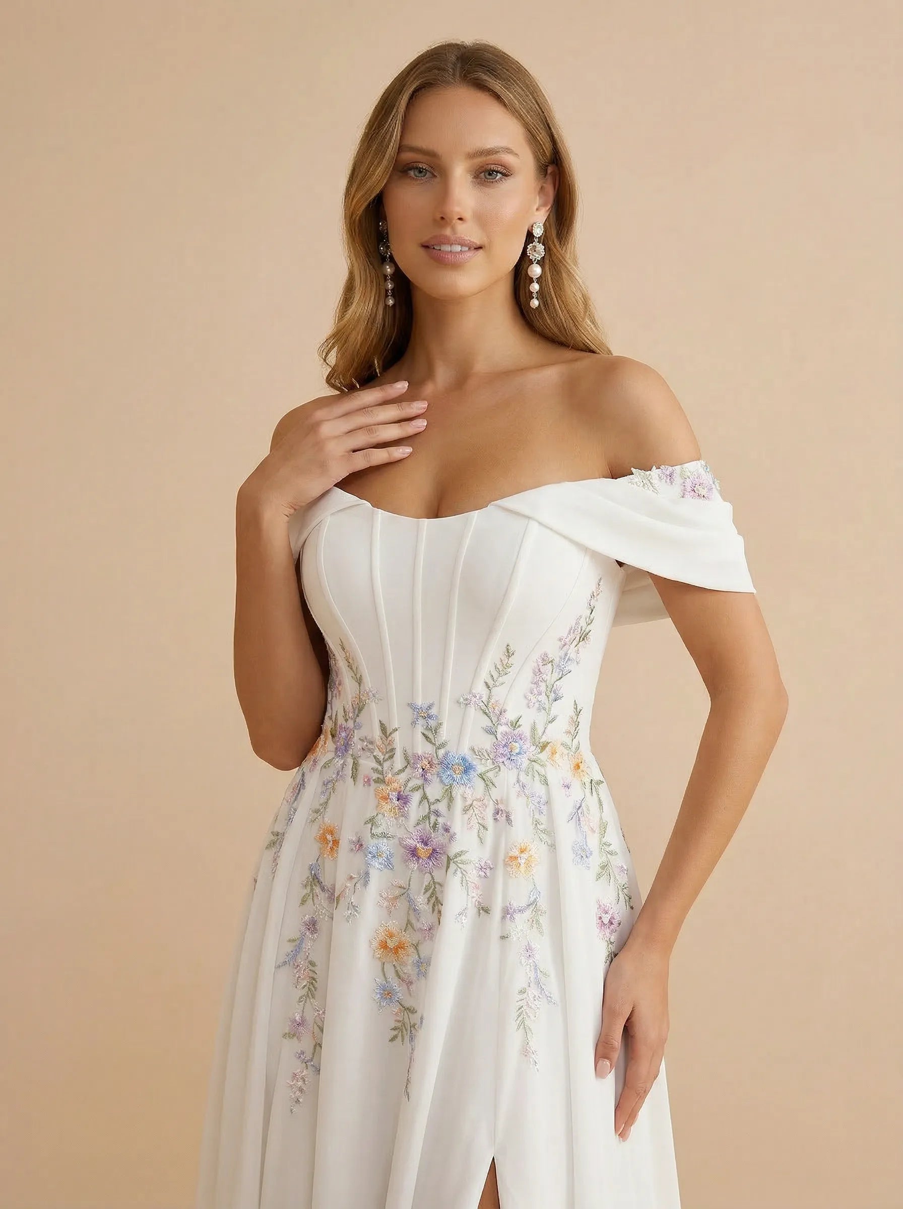 Off the Shoulder Floral Embroidered Corset Wedding Dress with High Slit