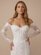 Off the Shoulder Lace Corset Bodice Mini Wedding Dress with Long Sleeves